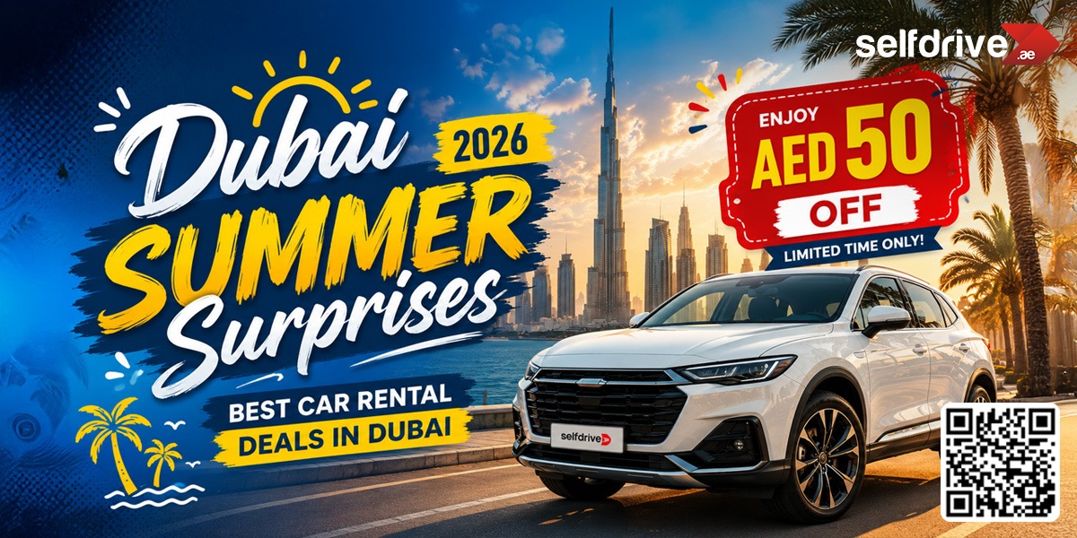 A promotional image for car rentals in Dubai features a white SUV parked in front of a city skyline at sunset. Text highlights "Dubai Summer Surprises 2026" and offers "AED 50 OFF" with a QR code for booking.